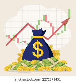 a pack of green dollars and a stack of gold coins, a bag of money in the background a red arrow up. increase in mutual funds income, statistical report, business productivity increase. vector 