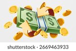 Pack of green paper currency with arrows and coins. Cashback or moneyback concept. 3D render stack of dollar US. Money dollar banknote in cartoon style isolated. Vector illustration