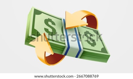 Pack of green paper currency with arrows. Cashback or moneyback concept. 3D render stack of dollar US. Money dollar banknote in cartoon style isolated. Vector illustration