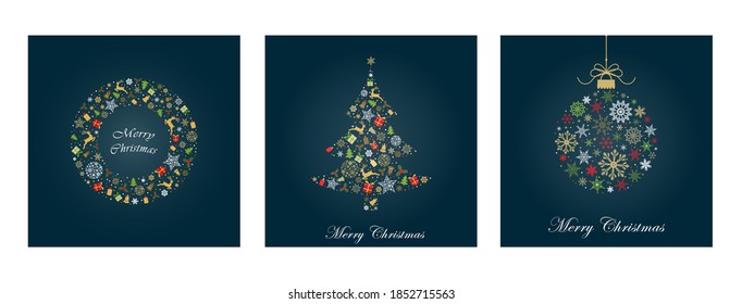 Pack of greeting cards with Christmas  ball, christmas tree and wreath made from snowflakes, christmas trees, balls and dears.Holiday pattern. Vector illustration