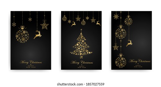 Pack of greeting cards with Christmas  ball, christmas tree and dear made from gold snowflakes on black background. Holiday pattern. Vector illustration