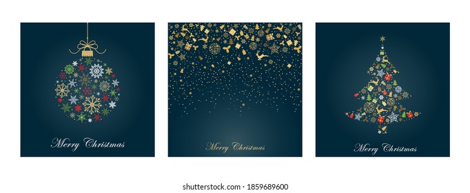 Pack of greeting cards with Christmas  ball, christmas tree and fallen gifts made with snowflakes different  colours. Holiday pattern. Vector illustration