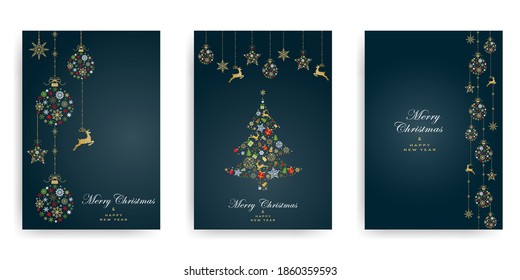 Pack of greeting cards with Christmas  ball, christmas tree and dear made from gold, red, green snowflakes on dark green background. Holiday pattern. Vector illustratio