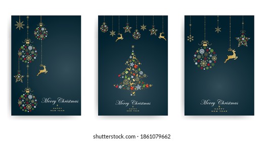 Pack of greeting cards with Christmas  ball, christmas tree and dear made from gold, red, green snowflakes on dark green background. Holiday pattern. Vector illustratio