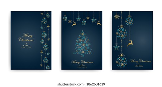 Pack of greeting cards with Christmas  ball, christmas tree and dear made from gold and turquoise snowflakes on dark background. Holiday pattern. Vector illustratio