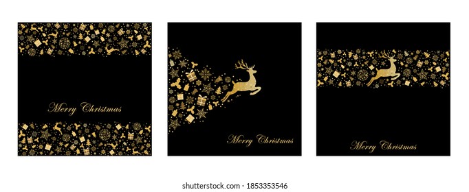 Paket mit Grußkarten mit goldenem Weihnachtsrüber, Geschenken, Schneeflocken, Weihnachtsbaum auf schwarzem Hintergrund. Vektorgrafik. Golfurlaub