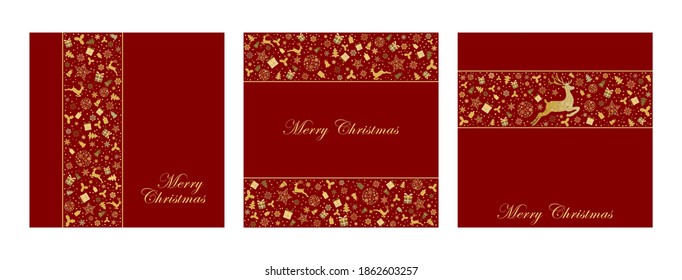 Pack of greeting cards with gold Сhristmas  deer, gifts, snowflakes, christmas tree on red background. Vector illustration. Gold holliday pattern