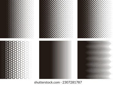 Pack of halftone vector patterns. Gradient texture with geometric transition from black to white. Set of abstract backgrounds. Decorative patterns for covers and wallpappers. Black isolated on white. 