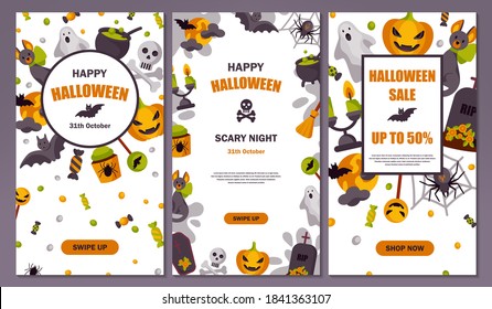 Pack of Halloween social media stories template. Space for text. Vector illustration