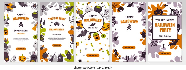 Pack of Halloween social media stories template. Space for text. Vector illustration