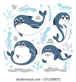 Pack of han drawn cute shark and nature around the ocean isolate on white background. vector illustration.