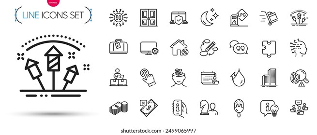 Pack of Hand baggage, Chess and Puzzle line icons. Include Cursor, Ice cream, Fireworks rocket pictogram icons. Quote bubble, Rejected payment, Door signs. Lamp, Teamwork, Skyscraper buildings. Vector