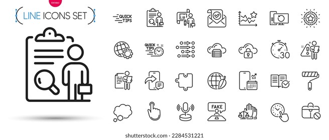 Pack of Hand click, Phone message and Microphone line icons. Include Winner star, Recovery computer, Confirmed mail pictogram icons. Search employee, Quick tips, Jobless signs. Vector