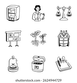 Pacote de ícones desenhados à mão de estudo de biologia 
