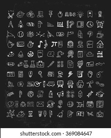 Pack Of Hand Drawn Education And School Icons Isolated From Background. Chalk Board Style Symbols