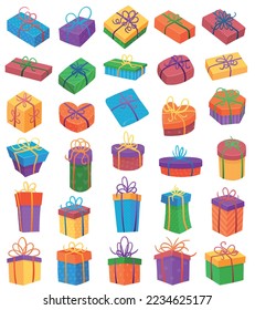 Pack of hand drawn vector illustrations of simple closed wrapped gift boxes, various shaped and sized packages.