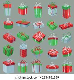 Pack of hand drawn vector illustrations of wrapped gift boxes in christmas themed colors and patterns. various shaped and sized packages.