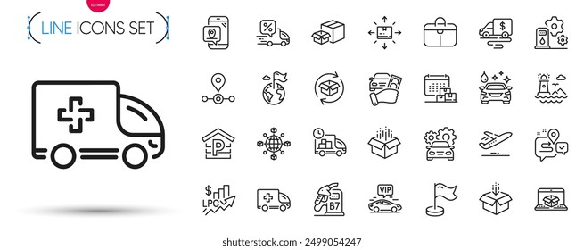 Pack of Handbag, Rent car and Vip transfer line icons. Include Journey, Return parcel, Milestone pictogram icons. Open box, Car service, Delivery signs. Lighthouse, Cardboard box. Vector