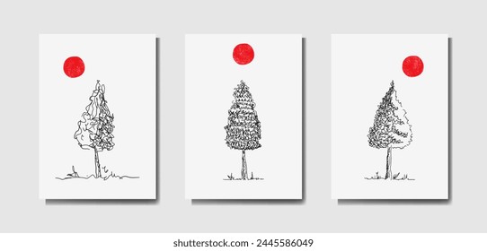 Pack of Hand-drawn illustration of a Pine Tree for art print, poster, wall art, wal decoration, home decor.	