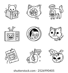 Pack of Haunted Cats Doodle Style Icons 

