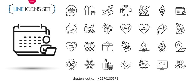 Pack of Heart flame, Travel sea and Ice cream line icons. Include Accounting, Father day, Eco bike pictogram icons. Coupons, Gift, Yummy smile signs. Snowflake, Sale tag, Shopping cart. Vector