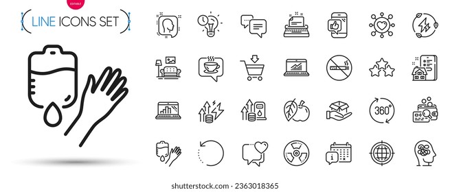 Paquete de iconos de Corazón, Portátil Graph e Línea de cabezal. Incluya los iconos del pictograma de inspección, Apple, Green. Mercado online, Citas, Carteles de café. Peligro químico, Muebles, No fumar. Vector