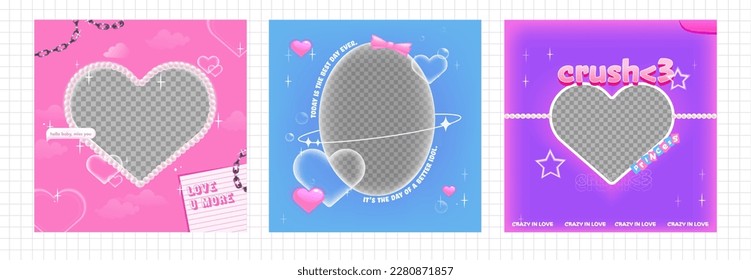 A pack of heart-shaped y2k frames. Vector illustration for social media photo. Metal chain and pearls and soft aura glow. Korean style banner design. 