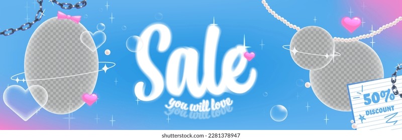 A pack of heart-shaped y2k frames. Vector illustration for social media photo. Metal chain and pearls and soft aura glow. Korean style banner design. 