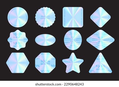 Pack of hologram stamp quality stickers. Vector illustration. Blue colored shiny badges of different shapes isolated on black backdrop