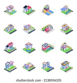 Pack of Home Buildings Isometric Icons 


