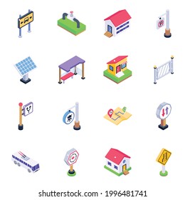 Pack of Home Structure and Banners Isometric Icons 