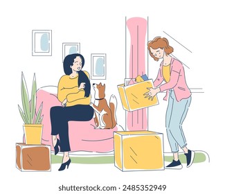 Pack home stuff. Women collect things in cardboard boxes. Family preparing to move. Immigration and relocation. Transportation of things. Linear vector illustration isolated on white background