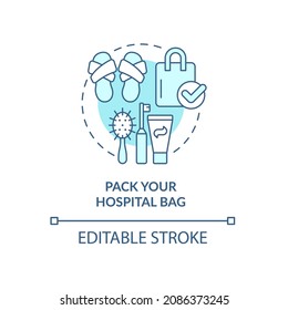 Pack Hospital Bag Blue Concept Icon. Preparing For Baby Abstract Idea Thin Line Illustration. Choosing Clothes And Accessories. Clinic Admission. Vector Isolated Outline Color Drawing. Editable Stroke