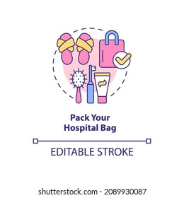 Pack Hospital Bag Concept Icon. Preparing For Baby Abstract Idea Thin Line Illustration. Gather Essentials For Hospital Stay. Clinic Admission. Vector Isolated Outline Color Drawing. Editable Stroke