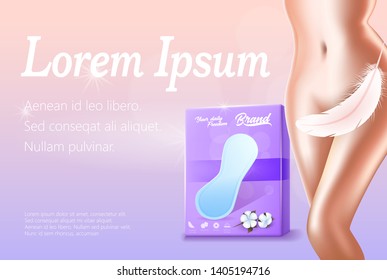 Pack of Hygienic Daily Pads without Wings. Young Woman Body Silhouette with Feather on Hips. Advertising Print Banner with Editable Promotion Text. Freshness and Purity. Vector Realistic Illustration
