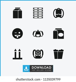 Pack icon. collection of 9 pack filled icons such as backpack, emoji showing tongue, take away food, cargo box, cargo arrow up. editable pack icons for web and mobile.