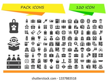 pack icon set. 120 filled pack icons.  Collection Of - Bag, Beer box, Package, Suitcase, Bladder pipe, Shopping bag, Gift, Hamster ball, Take away, Briefcase, Baggage, Tongs, Luggage