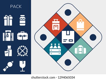  pack icon set. 13 filled pack icons. Simple modern icons about  - Cardboard, Bladder pipe, Fragile, Milk, Hamster ball, Luggage, Suitcase, Gift, Shopping bag, Beer box, Bag