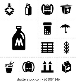 Pack icon. set of 13 filled pack icons such as milk can, backpack, Chinese fast food, take away food, milk, cargo box, cargo arrow up, box