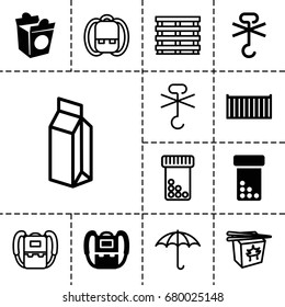 Pack icon. set of 13 filled and outline pack icons such as backpack, take away food, cargo box, no cargo warning, chinese fast food, milk, keep dry cargo