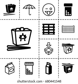 Pack icon. set of 13 filled and outline pack icons such as chinese fast food, milk, cargo box, take away food, keep dry cargo, box, emoji showing tongue