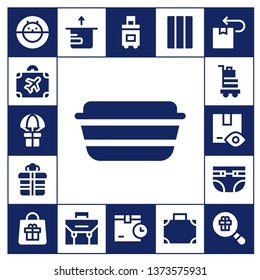 pack icon set. 17 filled pack icons.  Collection Of - Hamster ball, Luggage, Gift, Lunch box, Baggage, Package, Diapers, Bag, Briefcase, Suitcase, Chewing gum