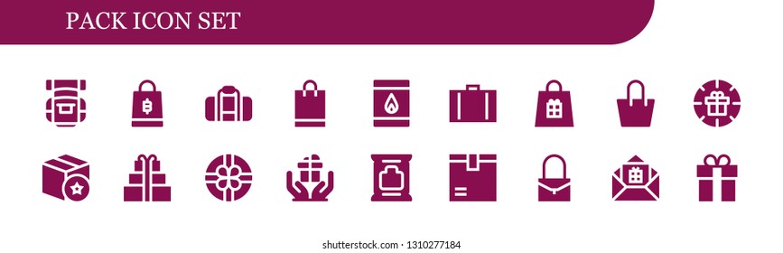 pack icon set. 18 filled pack icons.  Simple modern icons about  - Backpack, Shopping bag, Bag, Matchbox, Suitcase, Gift, Package, Wipes