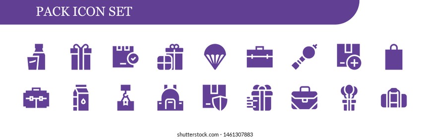 pack icon set. 18 filled pack icons.  Simple modern icons about  - Milk, Gift, Package, Presents, Parachute, Briefcase, Bladder pipe, Shopping bag, Suitcase, Backpack, Bag