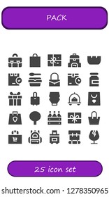  pack icon set. 25 filled pack icons. Simple modern icons about  - Briefcase, Shopping bag, Package, Bag, Ashtray, Lunchbox, Milk, Present, Suitcase, Mayonnaise, Luggage, Beer box