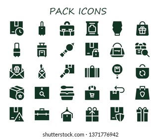 pack icon set. 30 filled pack icons.  Collection Of - Package, Suitcase, Briefcase, Wipes, Mayonnaise, Bag, Bladder pipe, Gift, Lunchbox, Shopping bag