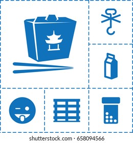 Pack icon. set of 6 pack filled icons such as emoji showing tongue, chinese fast food, milk, cargo box, no cargo warning