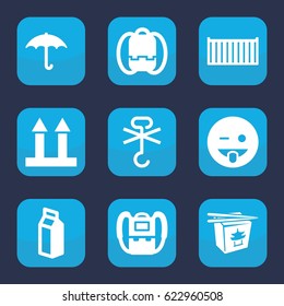 Pack icon. set of 9 filled pack icons such as backpack, emoji showing tongue, chinese fast food, milk, cargo box