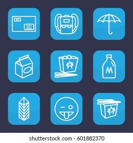 pack icon. Set of 9 outline pack icons such as milk can, backpack, chinese fast food, take away food, keep dry cargo, cargo, emoji showing tongue