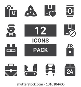 pack icon set. Collection of 12 filled pack icons included Box, Jet pack, Jackknife, Bag, Paper bag, Beer, Package, Triquetra, Barman, Shopping bag